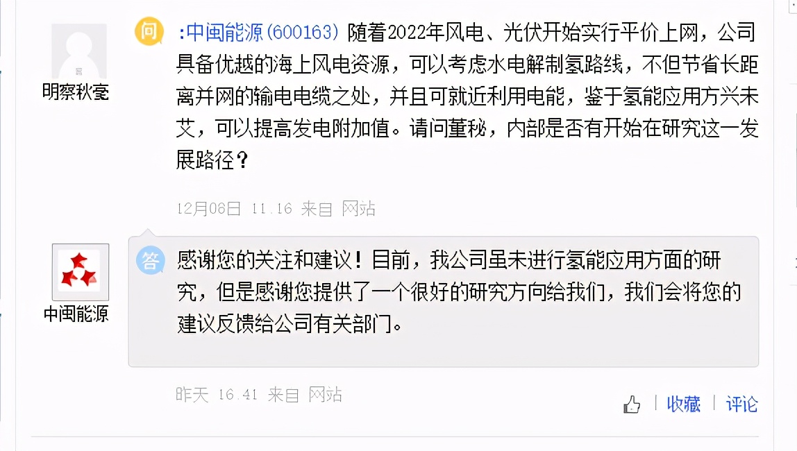 中闽能源未进行氢能应用方面的研究，英力特水电解制氢项目已完工