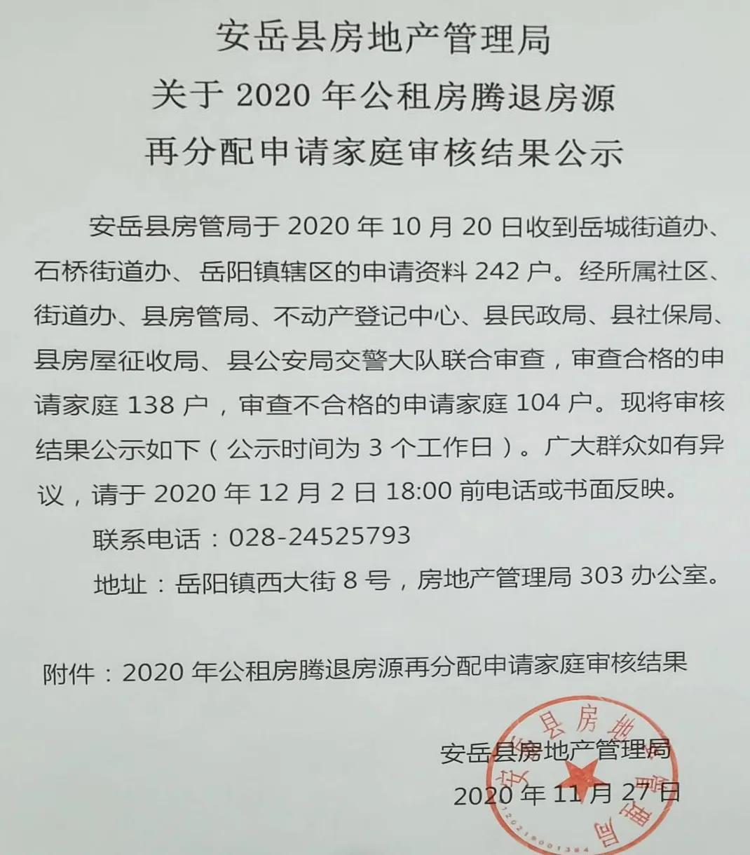 安岳发布关于2020年公租房腾退房源再分配申请家庭审核结果公示