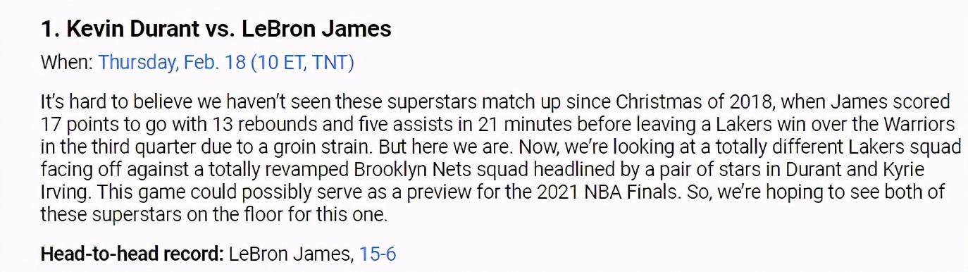 官網評新賽季8大對決！詹皇戰小卡屈居第2，杜蘭特庫里交鋒第5