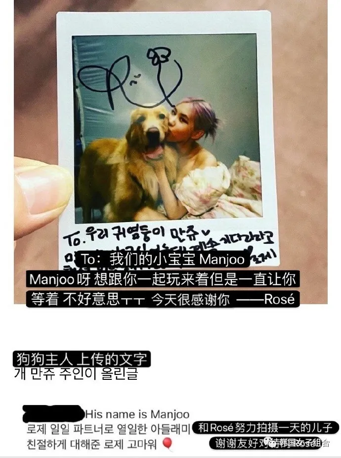 女团爱豆给一起拍摄新歌MV的狗狗，写的拍立得信