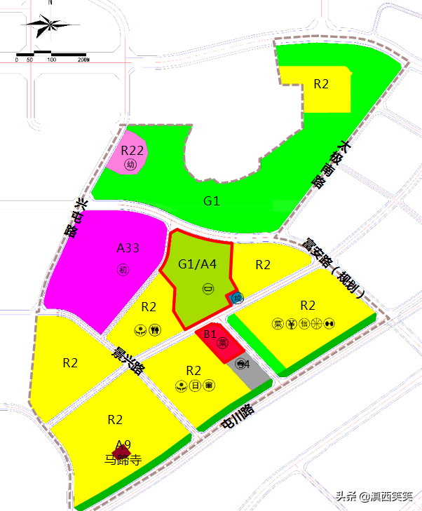 安宁大屯新区，调规后，地块一为体育公园用地，地块二商业用地