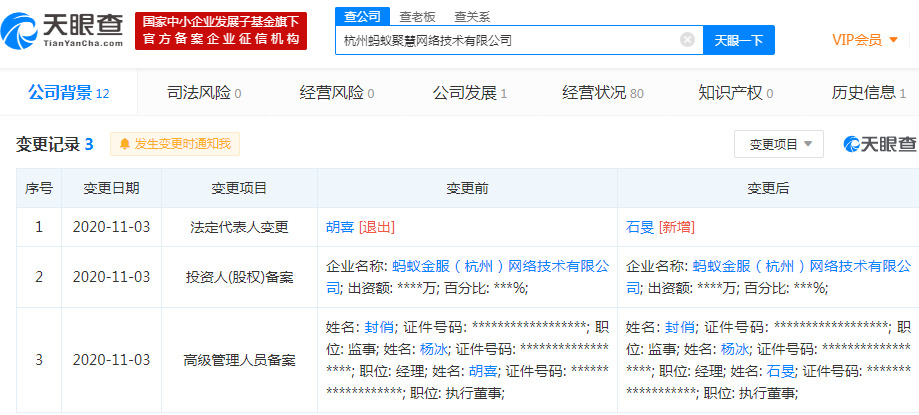 胡喜退出杭州蚂蚁聚慧法定代表人 由石旻接任
