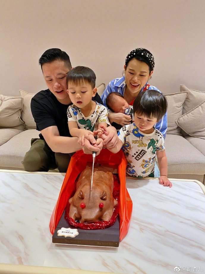 胡杏兒曬全家福慶三胎兒子滿月，一家五口同框畫面溫馨幸福