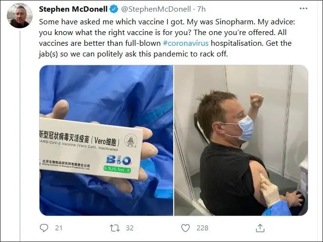 BBC驻华记者打中国疫苗后立即出现“副作用”：连发数推兴奋晒照