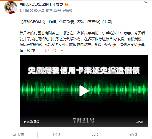 网传海航CFO被曝偷税、诈骗、伪造负债，还家暴逼妻离婚