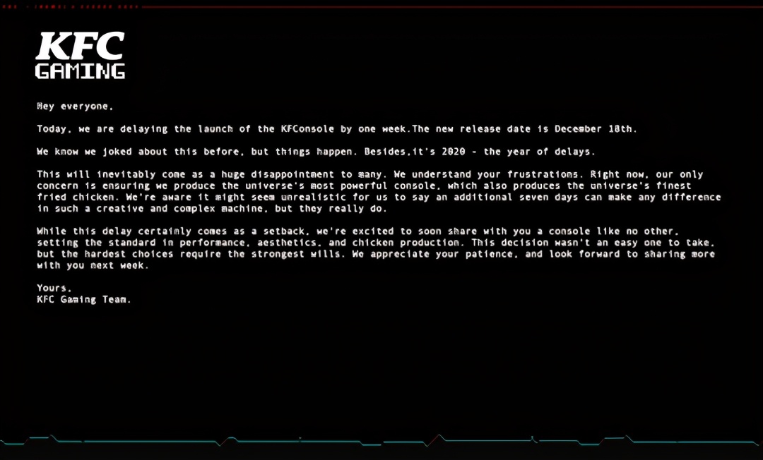 肯德基游戏机跳票了？连续放鸽子，赛博朋克2077都看不下去了