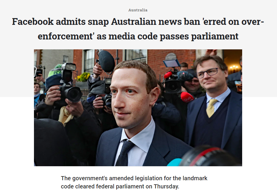 澳大利亚联邦政府针对数字平台新媒体法案通过