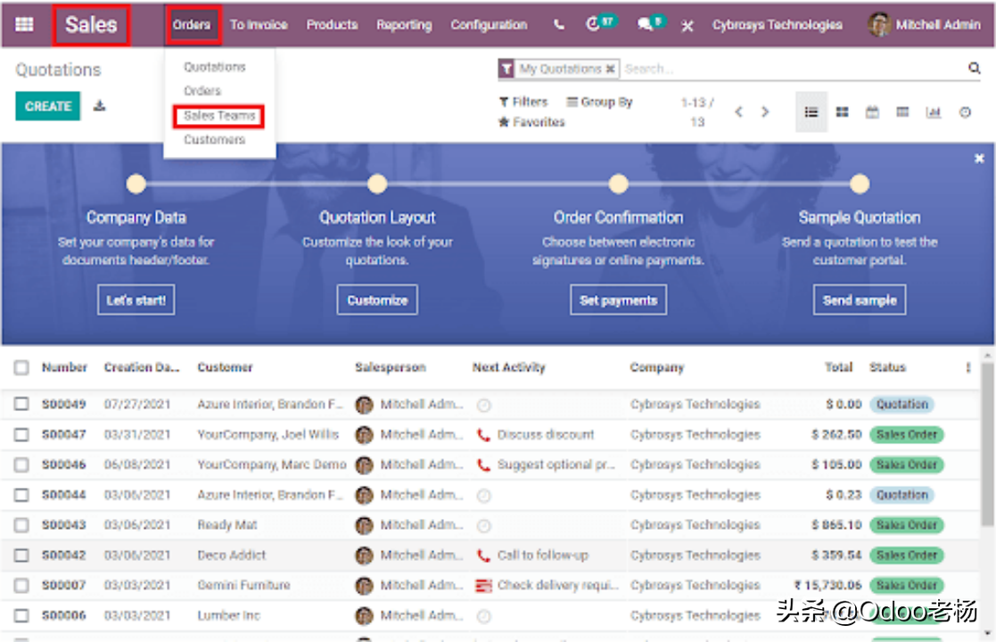 如何在免费开源ERP Odoo销售模块中创建和管理销售团队
