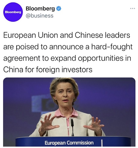 中欧重磅消息！外媒：中欧领导人准备在12月30日宣布达成中欧投资协议