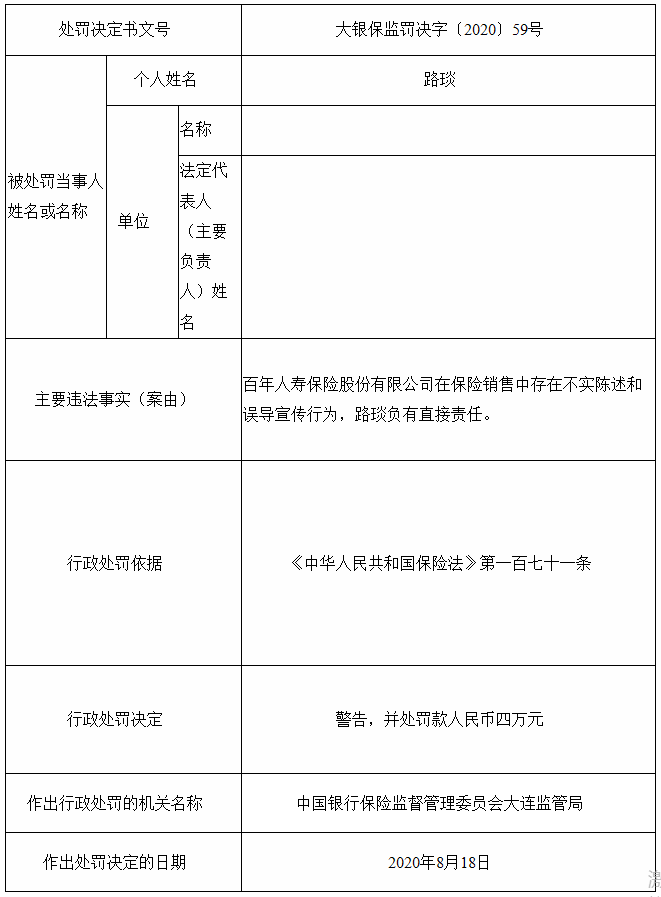 百年人寿被开20万罚单：销售中存在不实陈述以及误导宣传