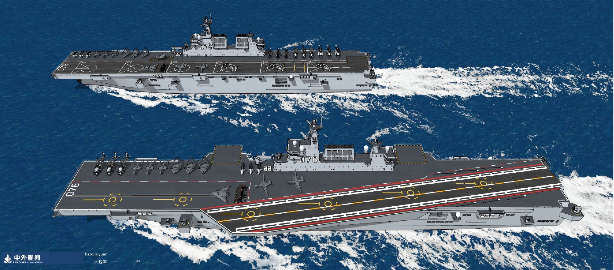 猜测如果076拥有斜角甲板那么只能是英式小斜角小外飘设计
