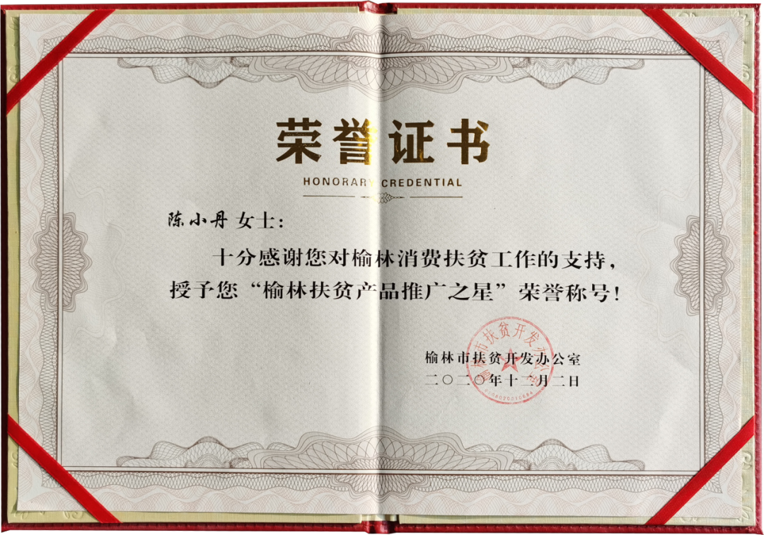 恭喜董事长陈小丹女士被授予“榆林<font color=red>扶贫</font>产品推广之星”