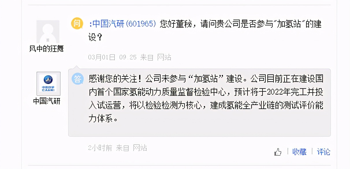 氢问董秘：中国汽研未参与加氢站建设，京运通暂无制氢相关计划