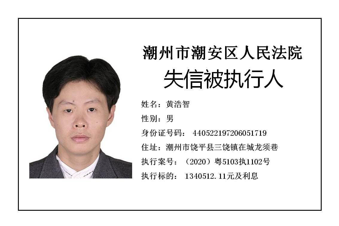 潮州市潮安区人民法院发布2020年第五批失信被执行人公告