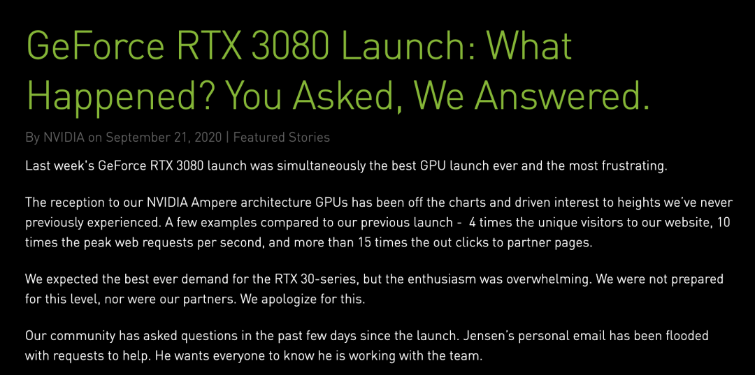 RTX 3080被炒到原價7倍，英偉達官方道歉：將打擊黃牛