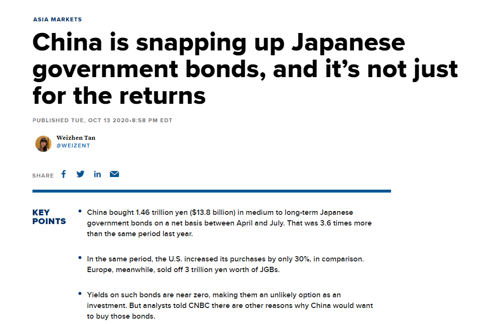 3个月购入1.46万亿日元，中国大幅增持日本国债，美媒指出两点原因