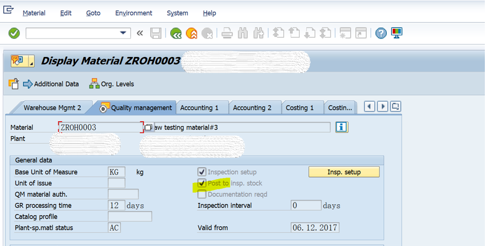 SAP QM 物料主数据QM视图里字段MARC-INSMK的更新