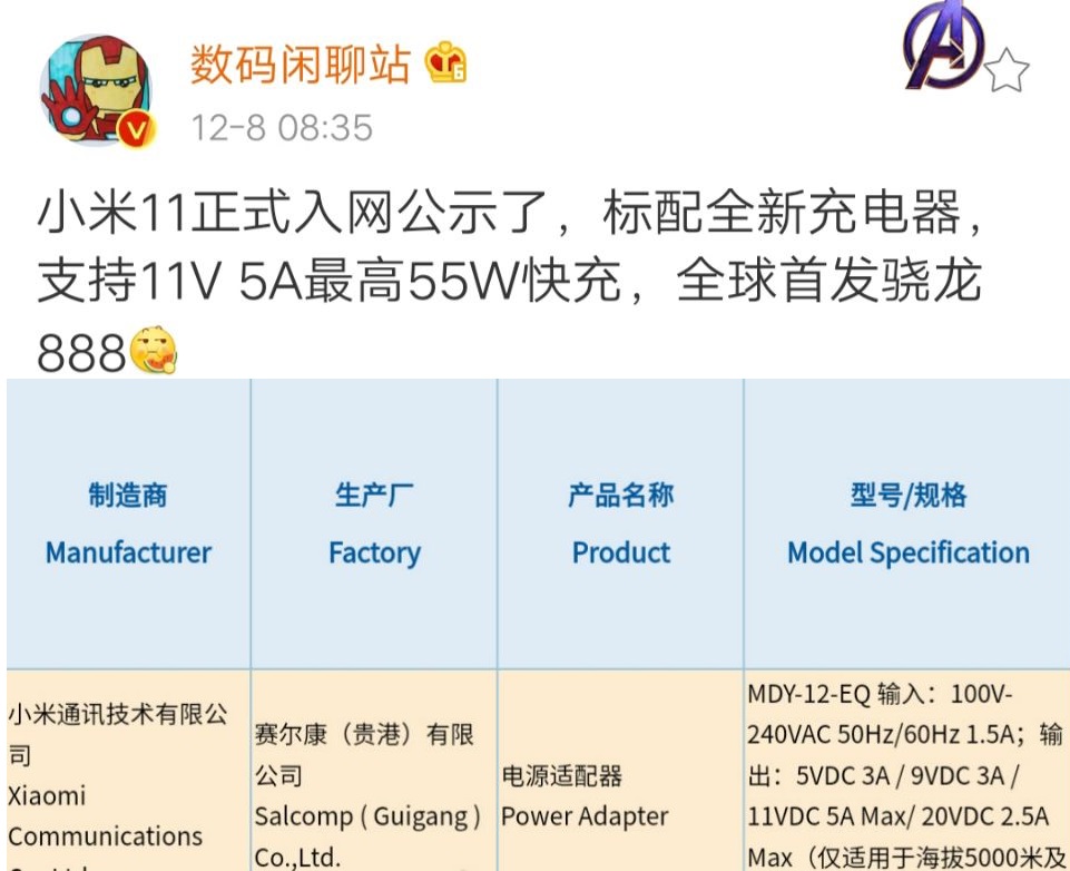 小米11正式入网，骁龙888+55W快充，有望12月下旬亮相