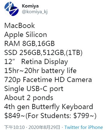 不到6000？苹果12英寸MacBook快来了：A14X加持
