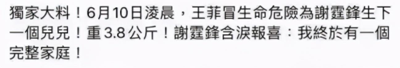 港媒报道：王菲为谢霆锋生下一子？