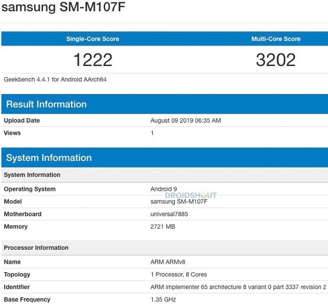 三星Galaxy M10S显卡跑分曝出 配用自己CPU