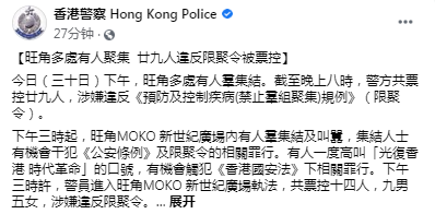 旺角29人违反“限聚令”被控告，港警警告：有人喊“港独”口号可能触犯香港国安法