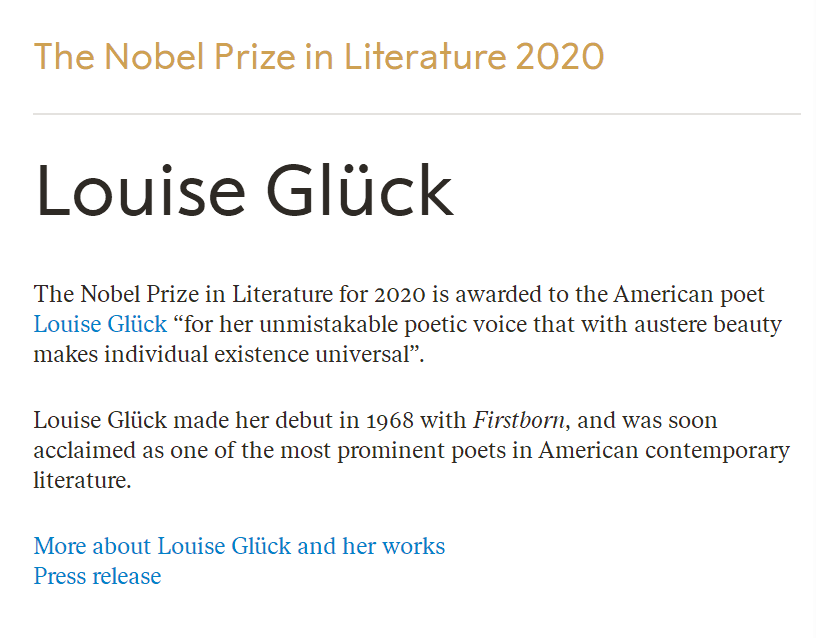 2020诺贝尔文学奖正式揭晓，美国女诗人路易丝·格吕克夺得