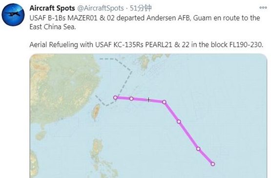 美军两架B-1B轰炸机被曝现身东海上空，此前曾现身南海