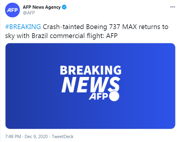 快讯！外媒：停飞超20个月后，首班由波音737 MAX客机执飞的商业航班刚刚起飞