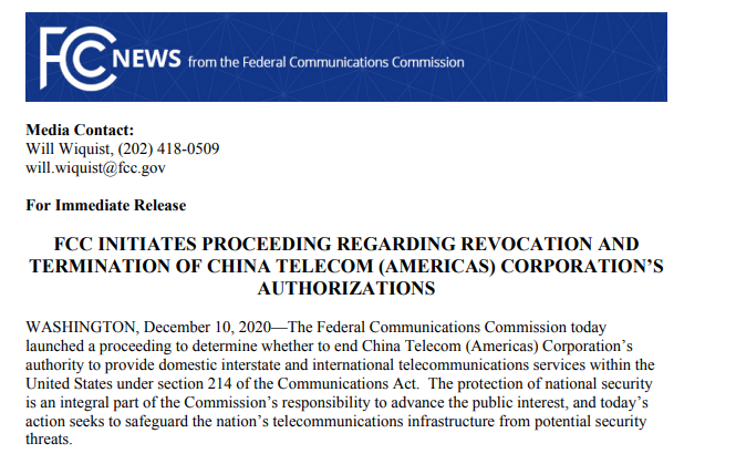 美国已启动撤销中国电信在美提供服务许可的程序