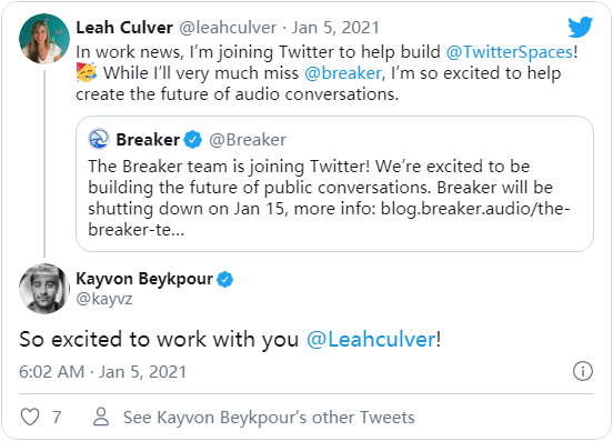 Breaker证实被Twitter收购 社交播客服务将于2021年1月15日关闭
