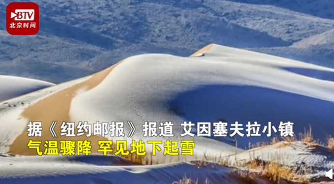 沙漠|骆驼在撒哈拉沙漠雪中漫步 真是神奇的大自然