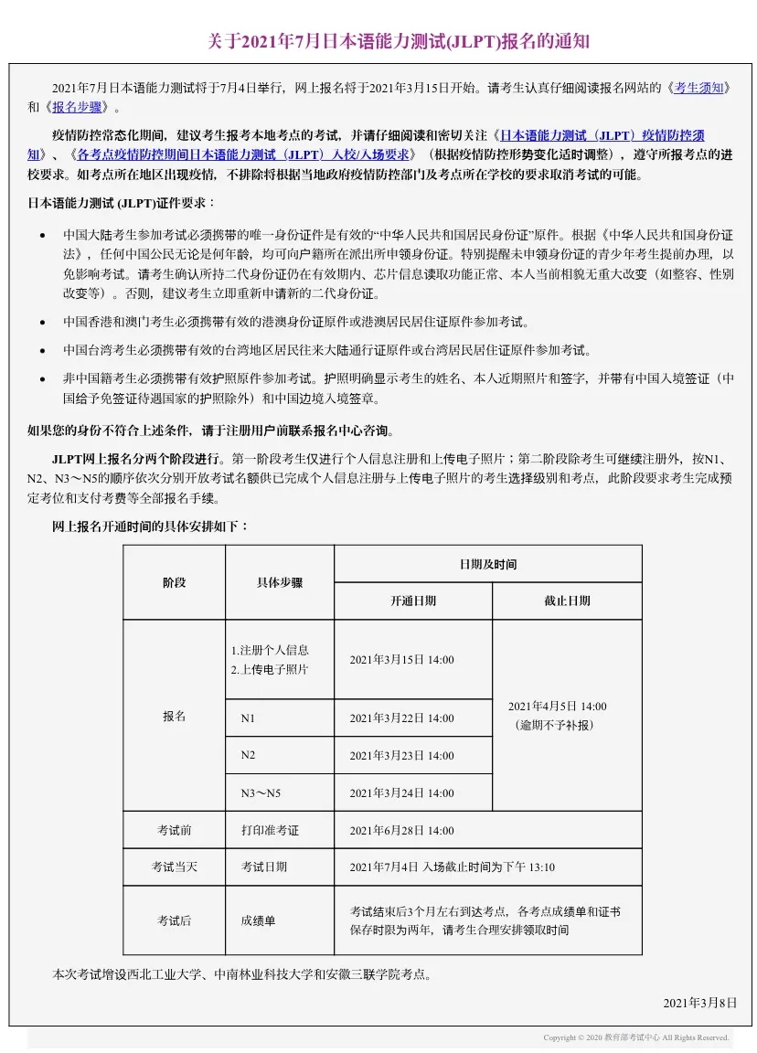 2021年7月日语能力考报名时间费用以及考场安排