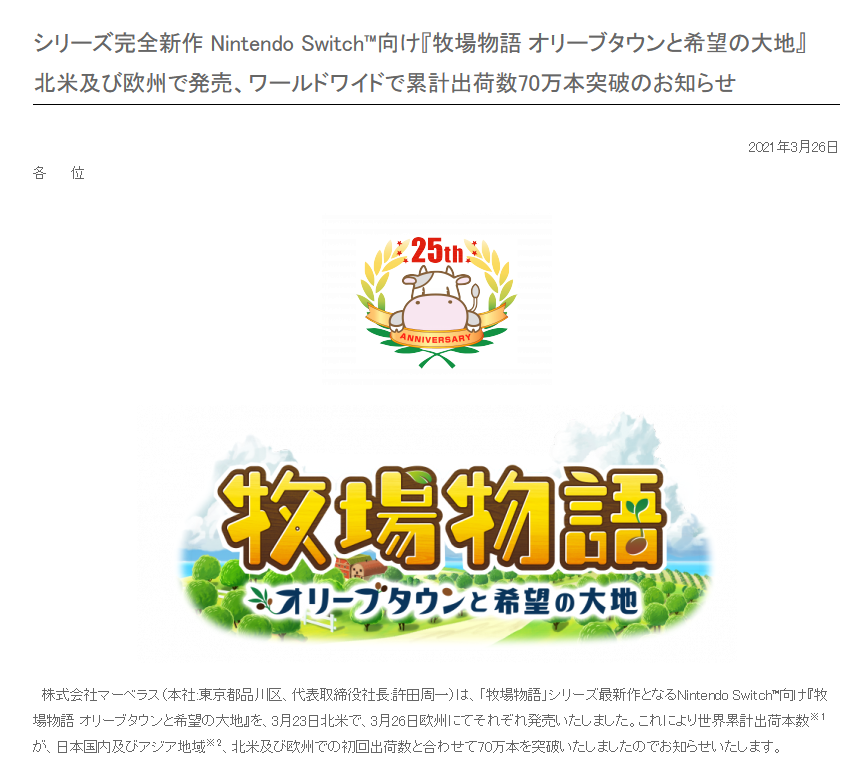 官宣：《牧场物语 橄榄镇与希望的大地》总销量突破70万份