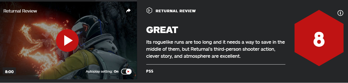 PS5独占游戏《Returnal》首批评分解禁 IGN 8分
