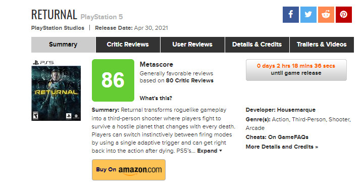 PS5独占游戏《Returnal》首批评分解禁 IGN 8分
