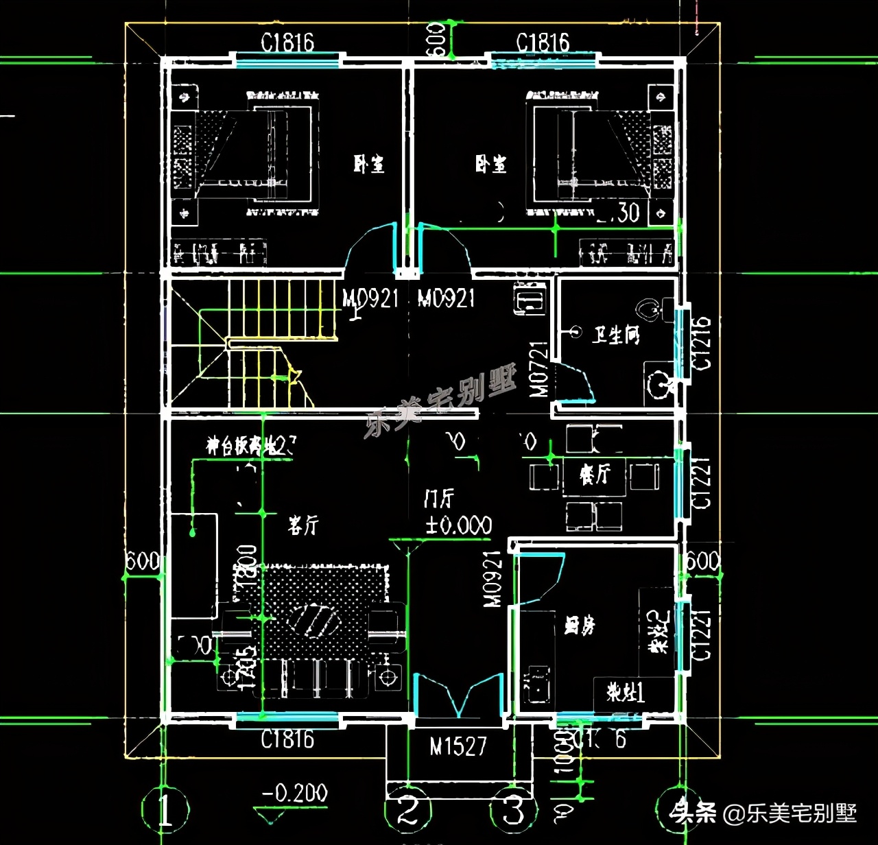层:卧室×3,大露台,卫生间07乡下盖别墅的户型方案图,对称设计,外形