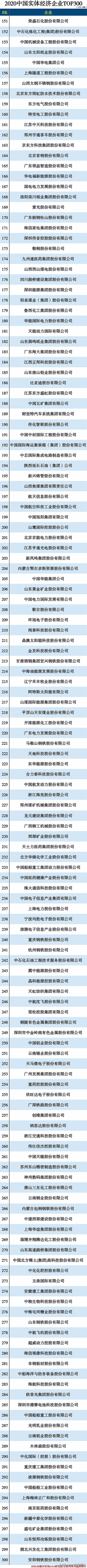 2020中国实体经济排行榜TOP300强公司名单