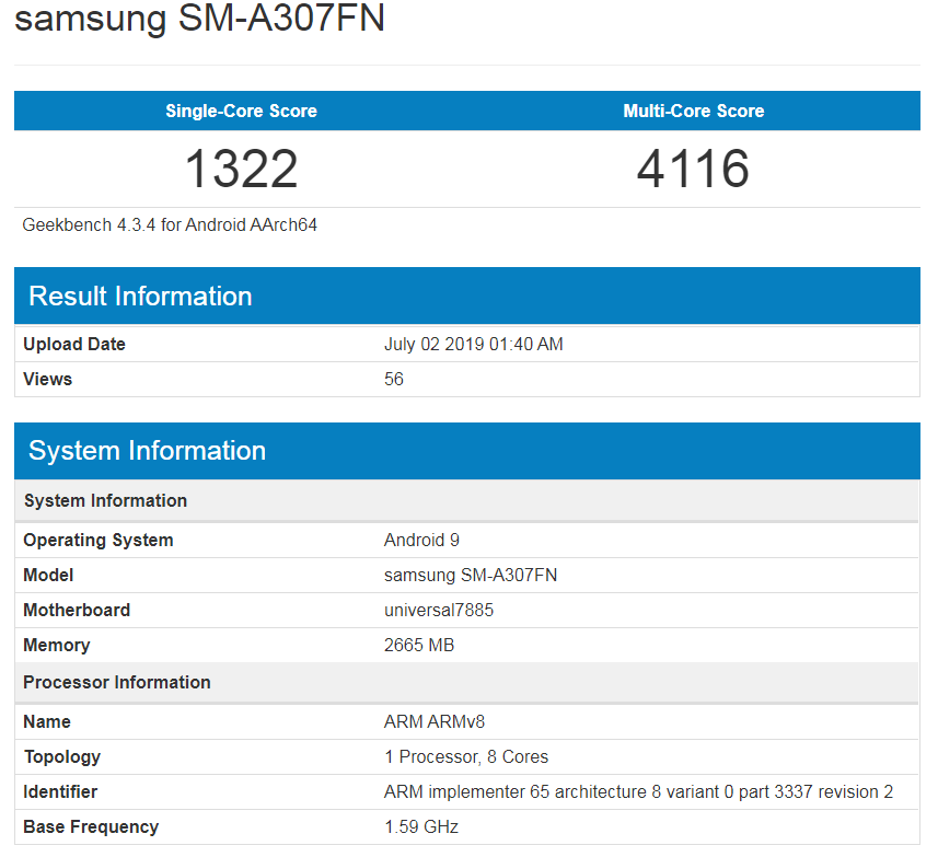 三星新机亮相Geekbench，或为Galaxy A30e