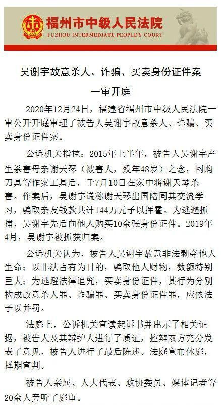 吴谢宇“弑母案”一审开庭 择期宣判
