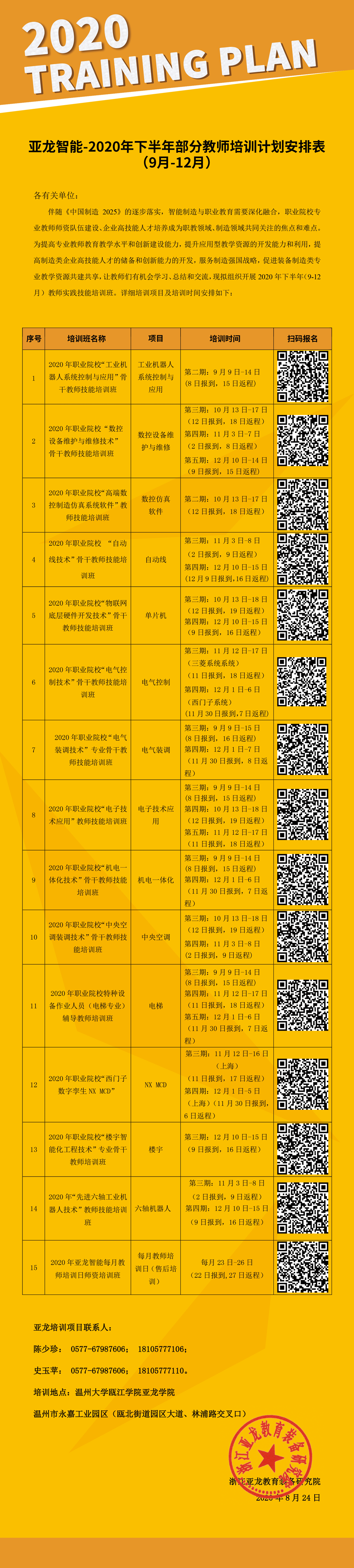 亚龙智能2020年下半年部分教师培训计划安排(9月-12月)