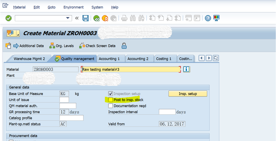 SAP QM 物料主数据QM视图里字段MARC-INSMK的更新