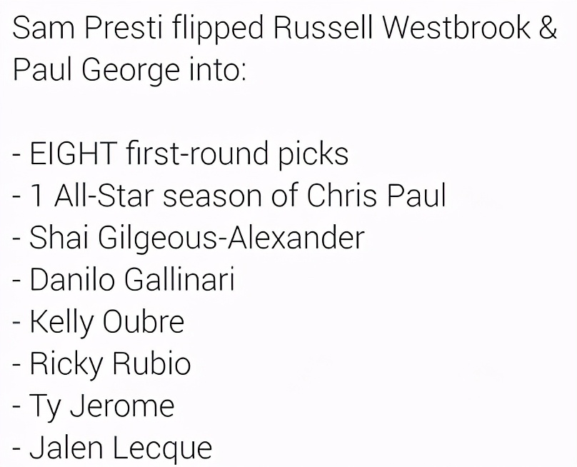 韋少+喬治換8個首輪！美媒盛讚雷霆太瘋狂：化解保羅四千萬毒藥