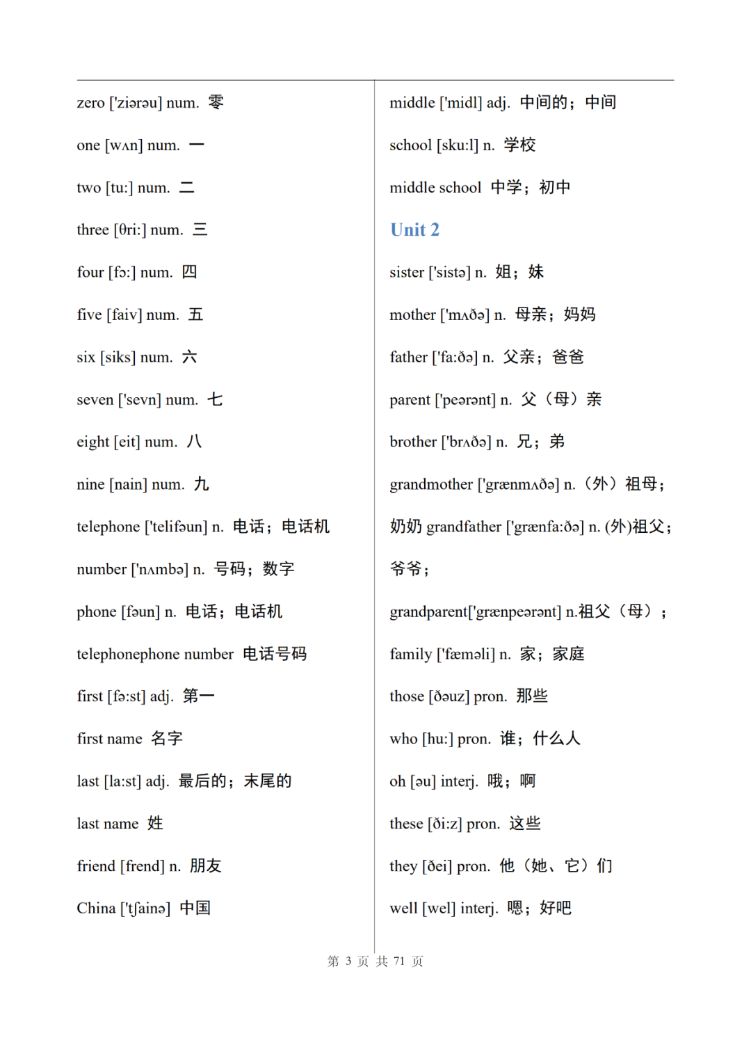 初中英语七年级上册电子单词表整理，可打印下载