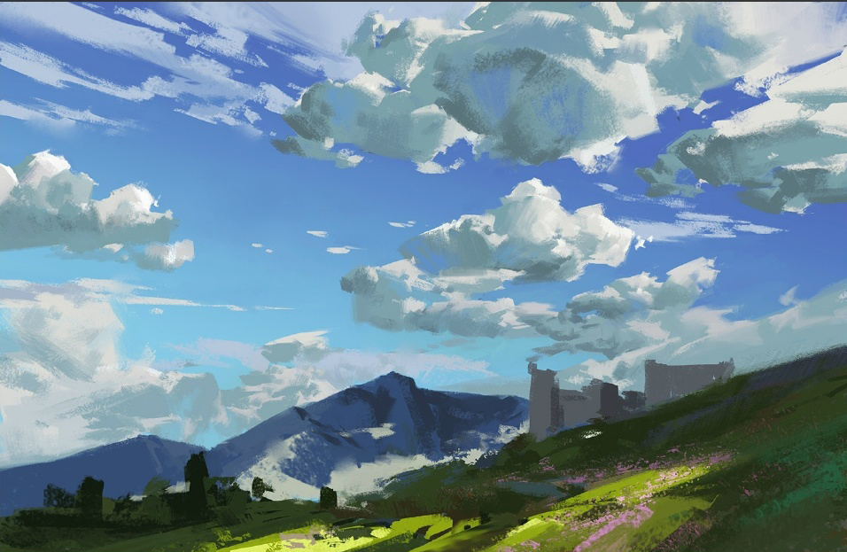 3,第三步,继续深入云层的描绘,把在天空中更高层的云层表现出来.