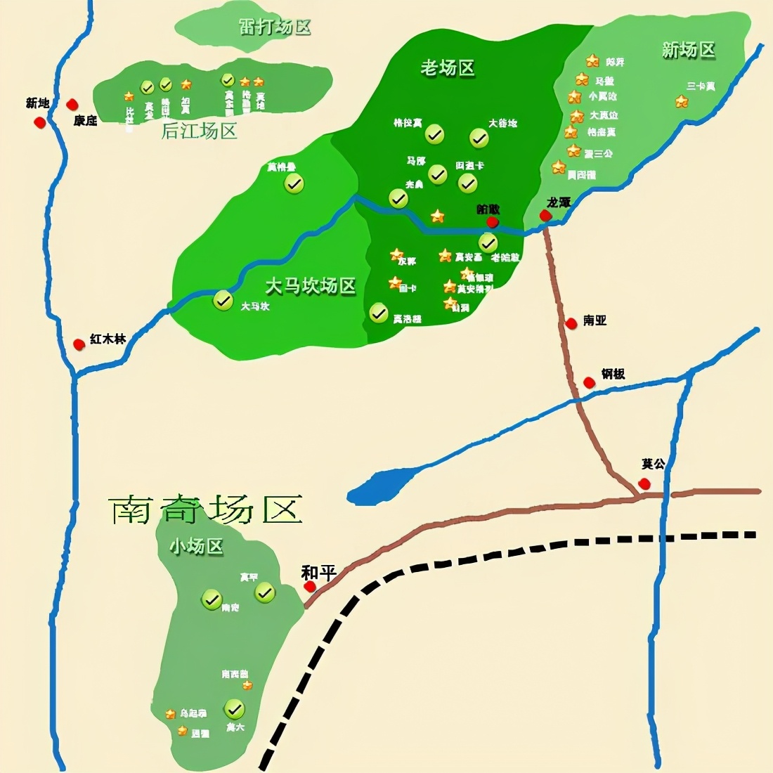 大致分为六个:帕敢场区,达木坎场区,南奇场区,后江场区,新场区,新老场