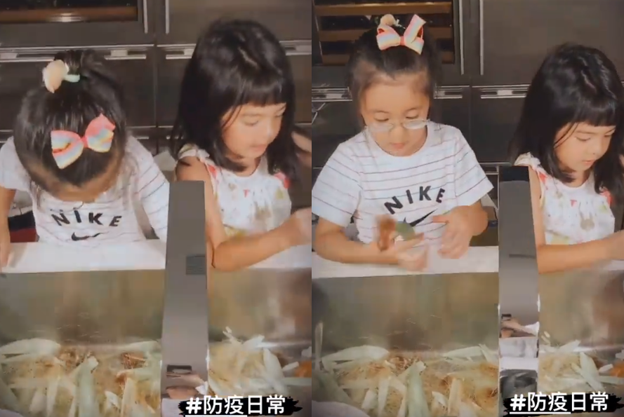贾静雯两女儿在家洗菜，咘咘蝴蝶结造型养眼，哪知妹妹更抢镜