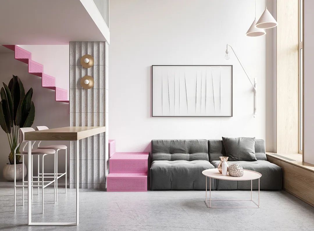 70㎡极简小公寓，简约舒适的空间，点缀粉色楼梯，很高级很美丽