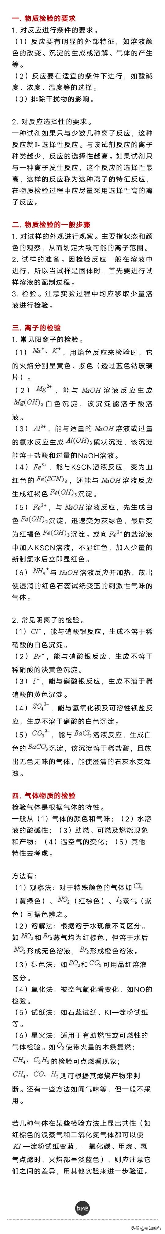 高中化学：有关物质检验的整理