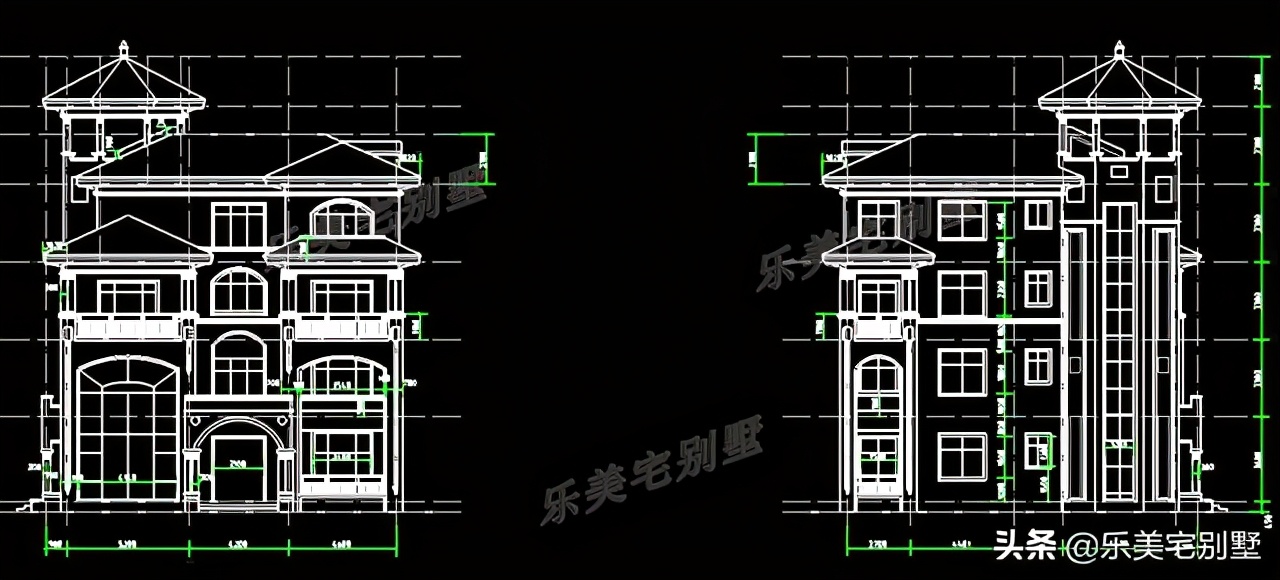 立面圖:四層:臥室(帶內衛,露臺),臥室,露臺,雜物間,衛生間三層:臥室